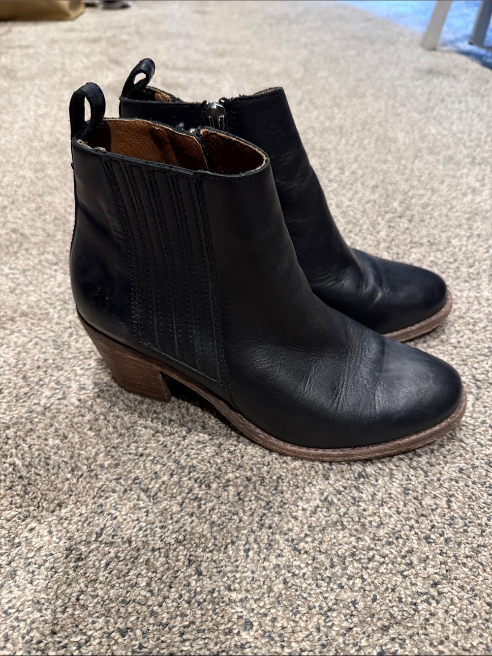 Frye Black Leather Ankle Booties with Stacked Heel